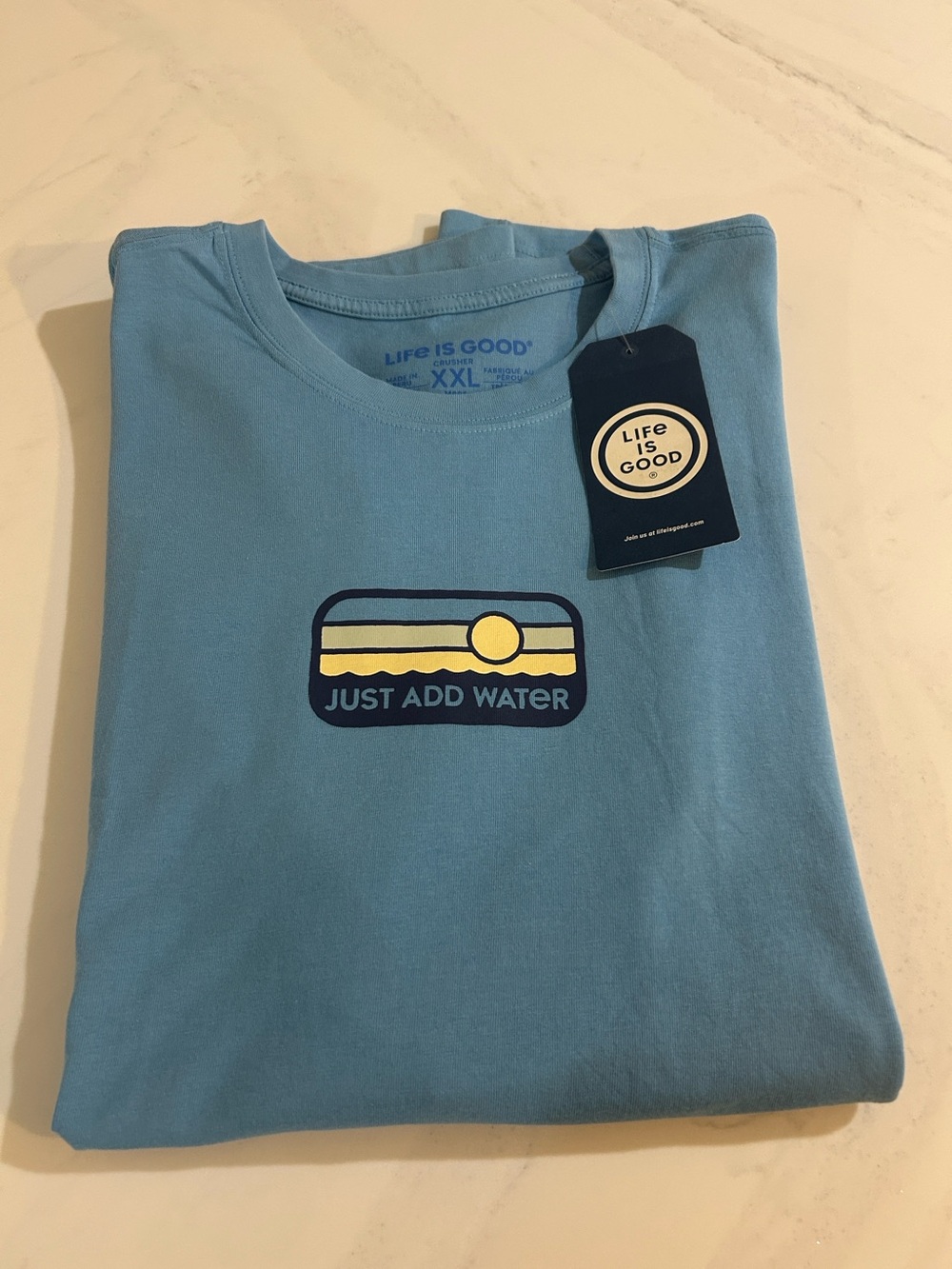 Life Is Good men’s  Light Blue Short Sleeve Tee with "Just Add Water" Graphic